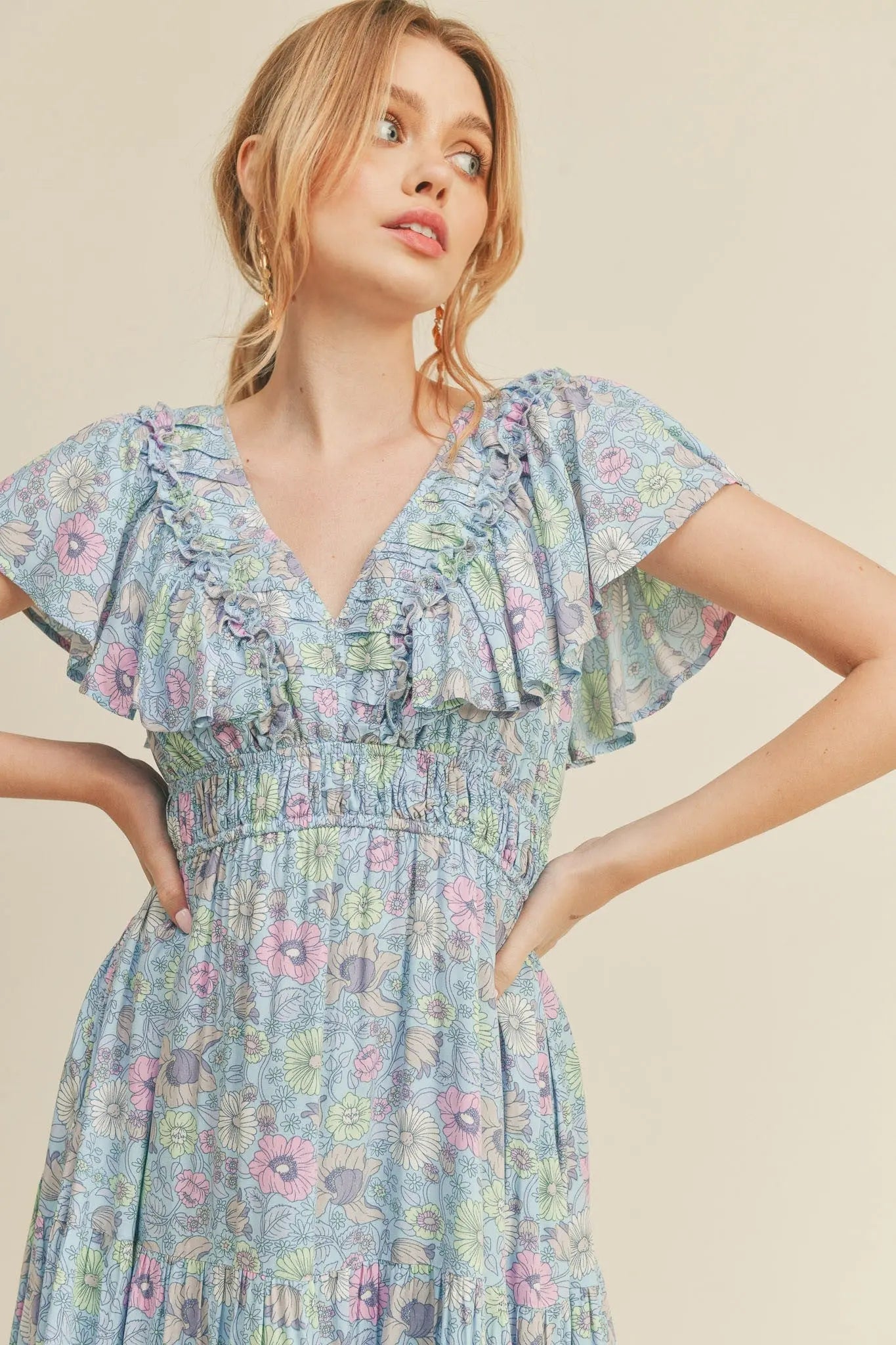 Sky Blue Floral Tiered Midi Dress With Ruffle Sleeves PinkBlush