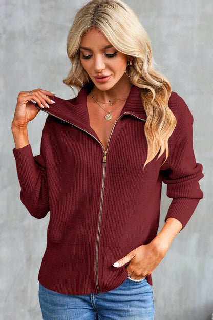 Zip-Up Collared Cardigan.