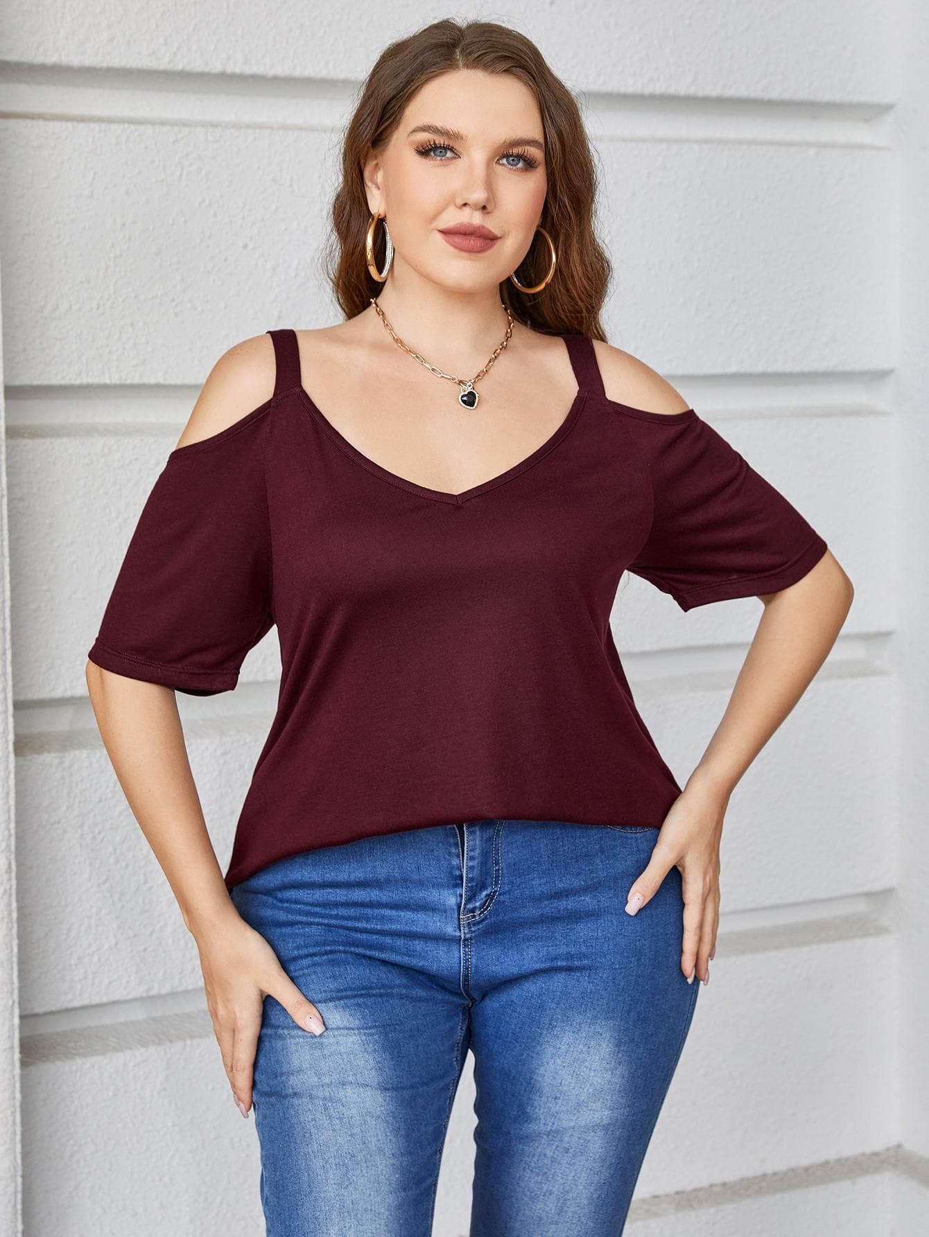 Plus Size V-Neck Cold-Shoulder Blouse.