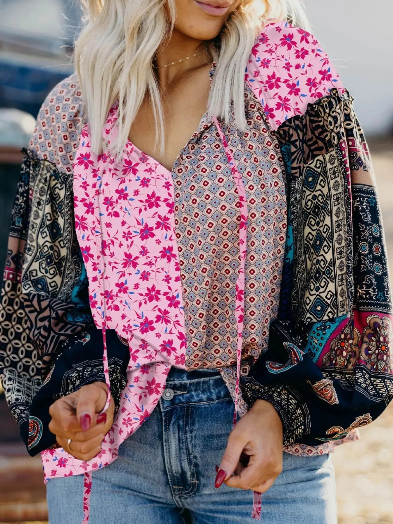 Boho Mixed Floral Drop Shoulder Bubble Sleeve Blouse Simply Love