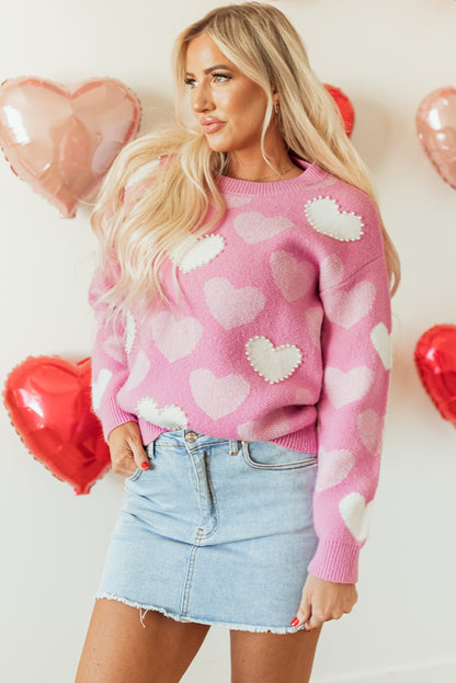 Valentine's Day Pearled Heart Print Pink Crew Neck Sweater