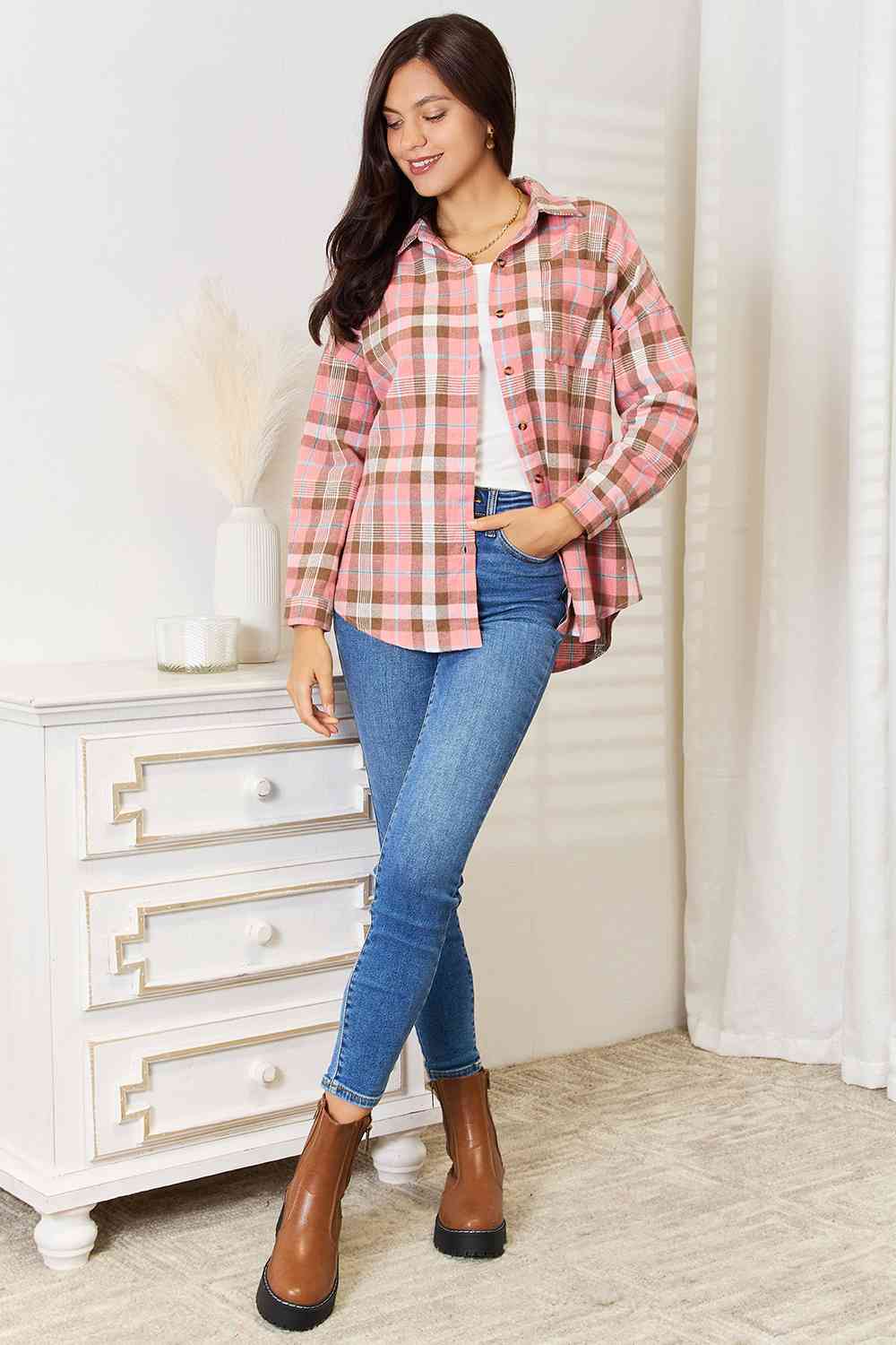 Double Take Plaid Collared Neck Long Sleeve Button-Up Shirt - Love Salve