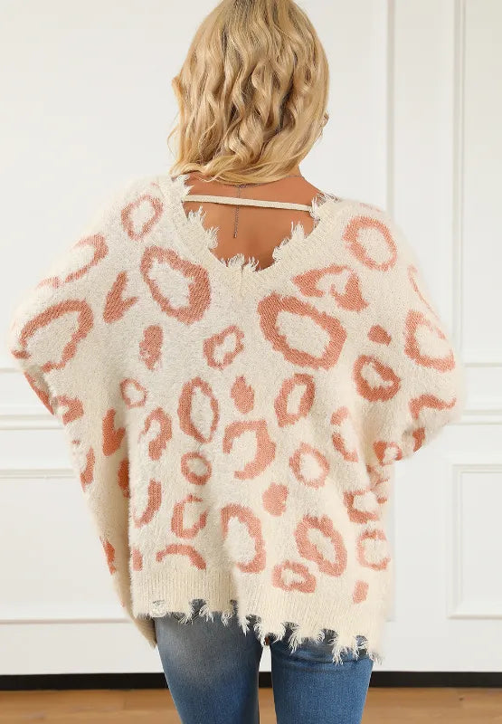 Distressed Trim Leopard V-Neck Sweater