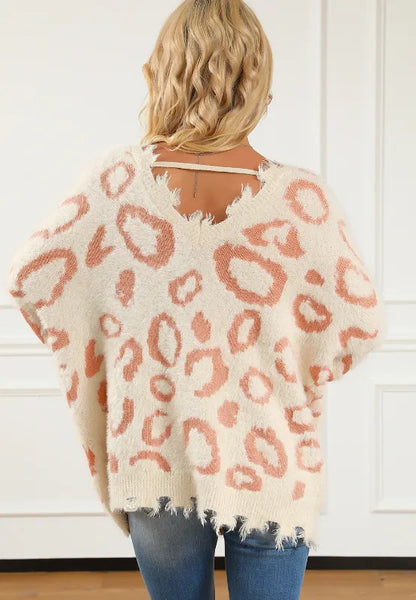 Distressed Trim Leopard V-Neck Sweater