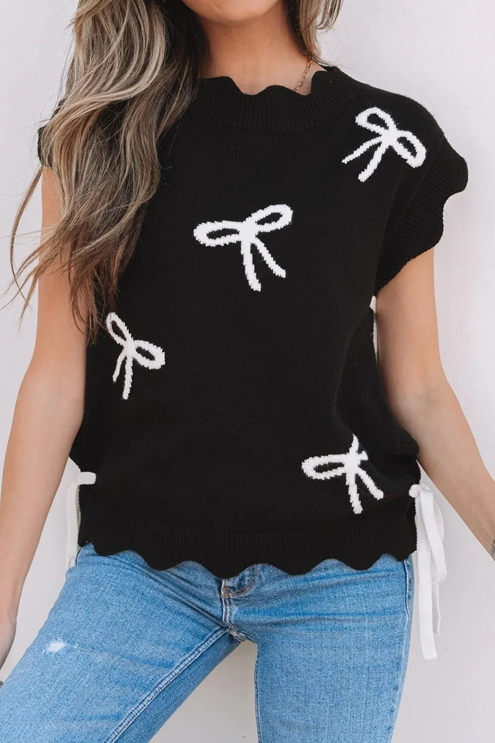 Bow Side Ties Scalloped Hem Cap Sleeve Sweater Simply Love