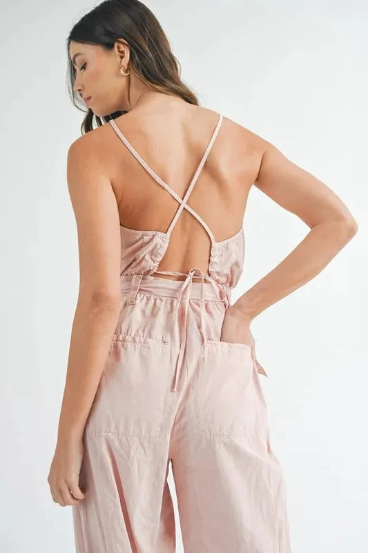 MABLE Washed Fabric Spaghetti Strap Waist Belted Jumpsuit Coco’s Tee Boutique