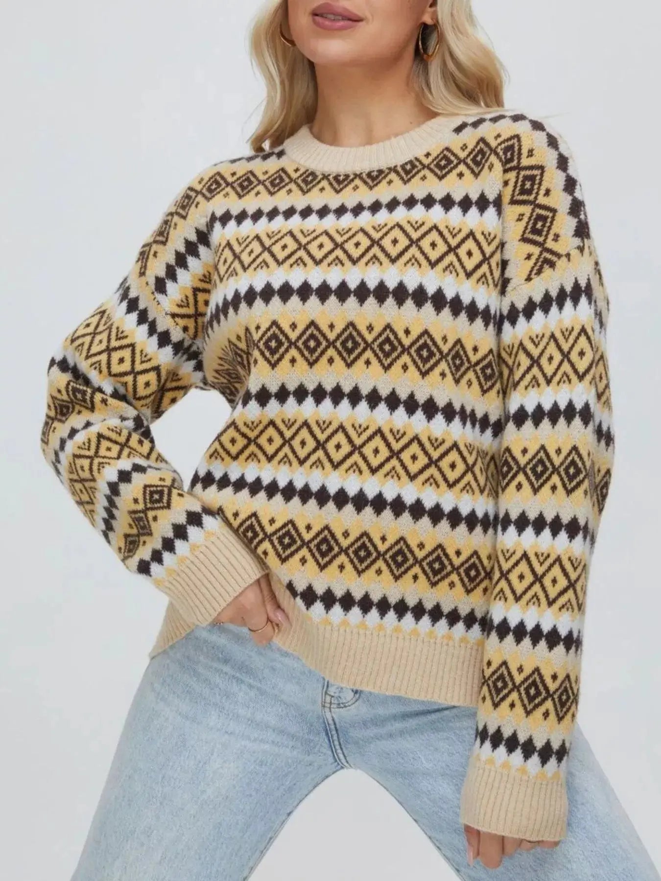 Geometric Pattern Round Neck Sweater Simply Love