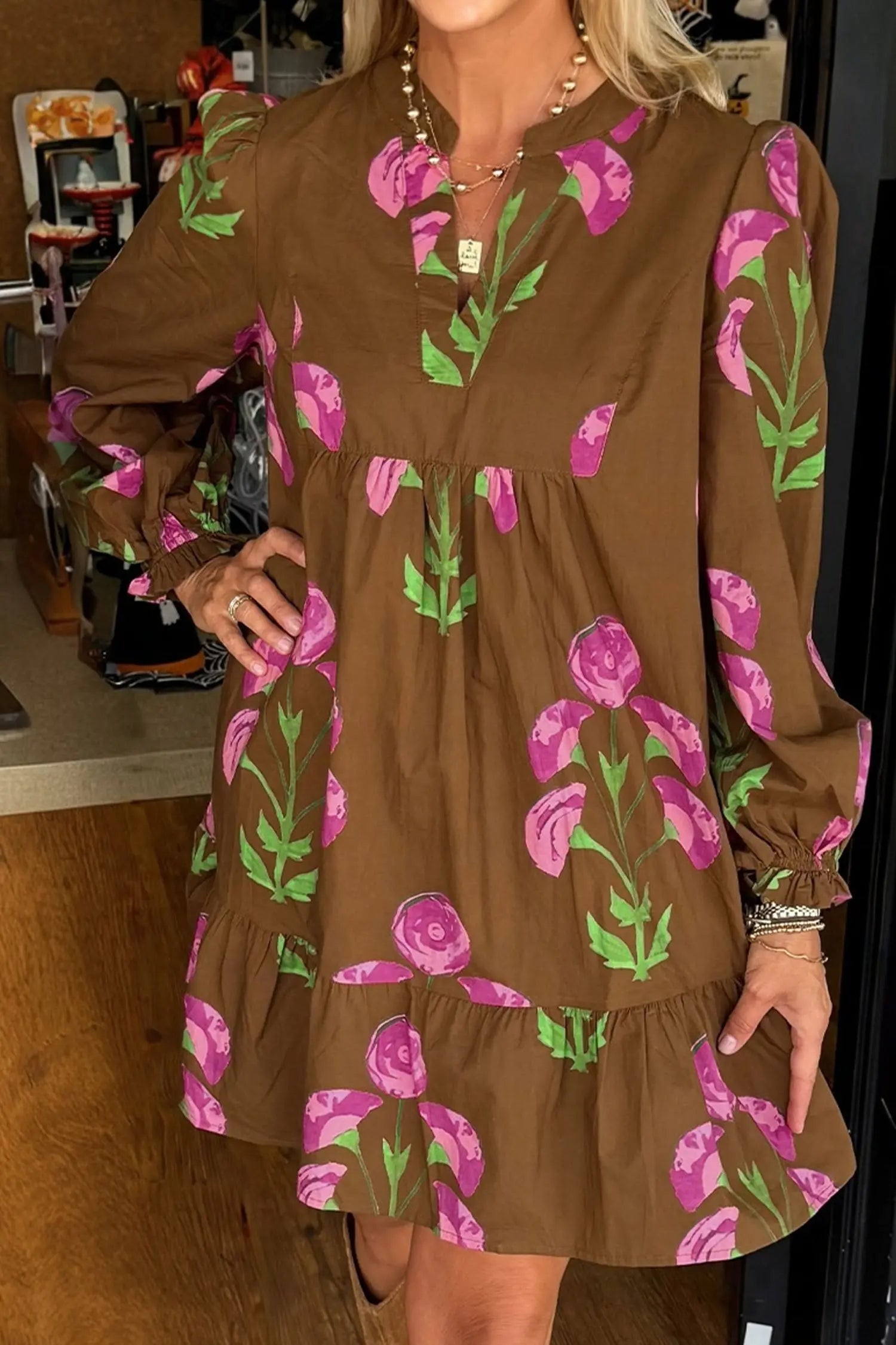 Brown Contrast Floral Print Babydoll Tunic Dress With Ruffled Hem Puff Sleeve Dear-Lover Dropshipping