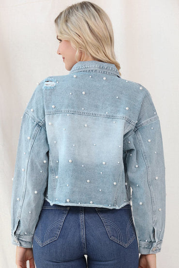 Distressed Pearl Trim Button Up Denim Jacket.