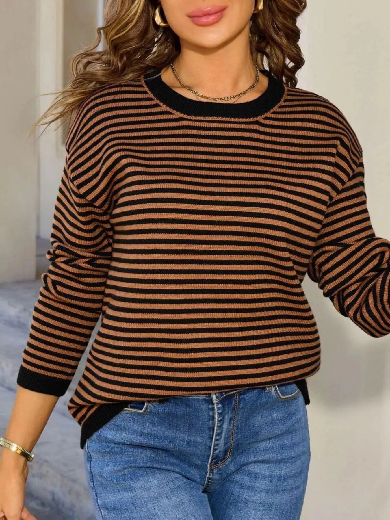 Striped Round Neck Sweater Simply Love
