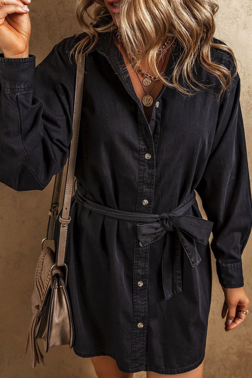 Button Up Collared Neck Denim Dress.