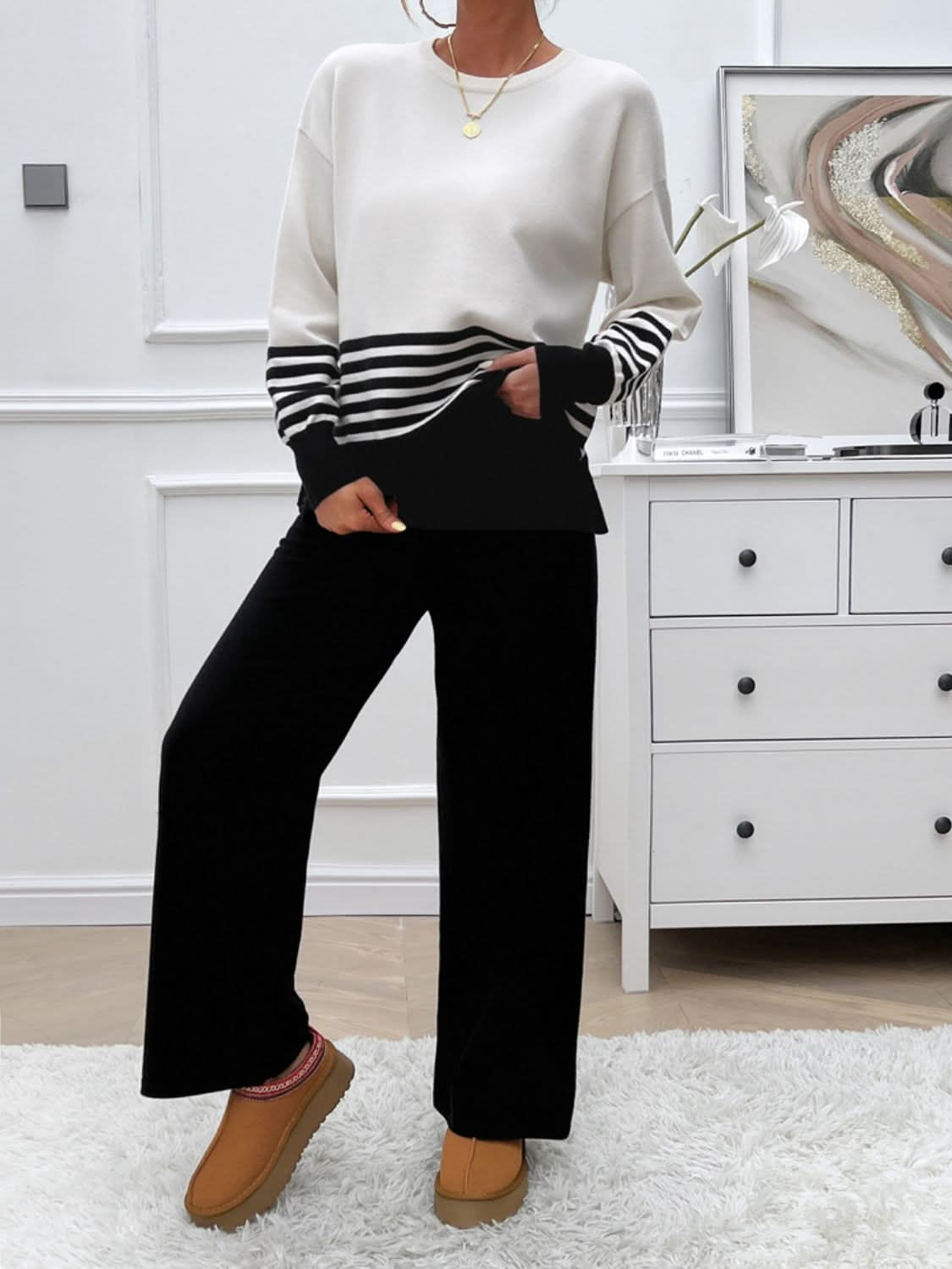 Chic striped sweater set with slit detail and round neck