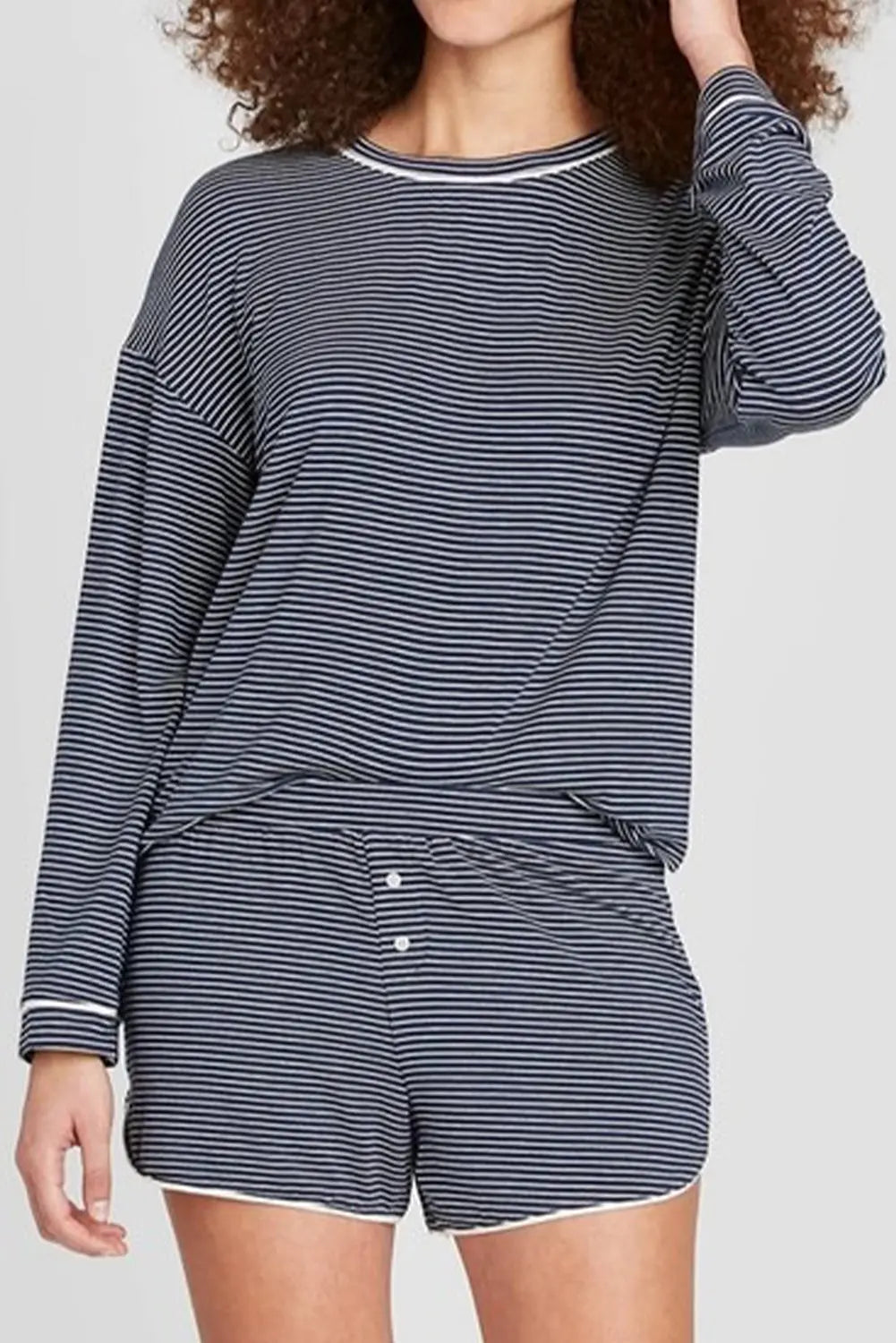 Blue Stripe Drop Shoulder Long Sleeve Tee And Buttoned Shorts Lounge Set 2pcs Dear-Lover Dropshipping