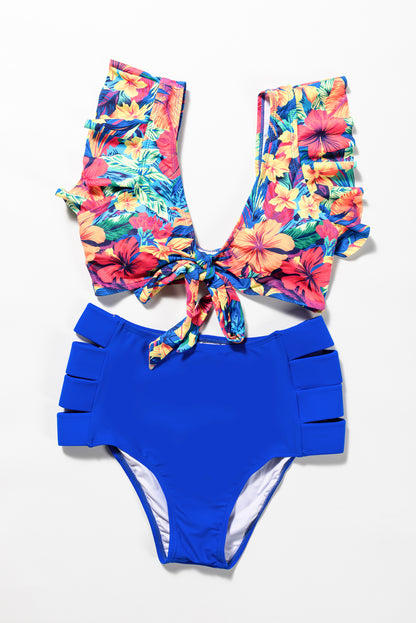 Tropical floral ruffle high waist bikini with front tie detail