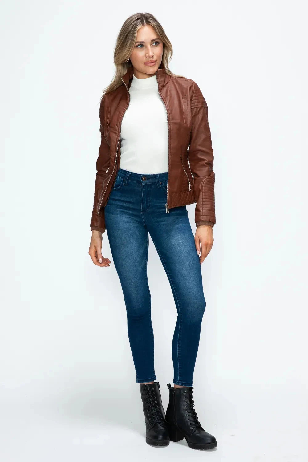 YMI Faux Layered Double-Zipper Jacket with Fuzzy Hood Coco’s Tee Boutique