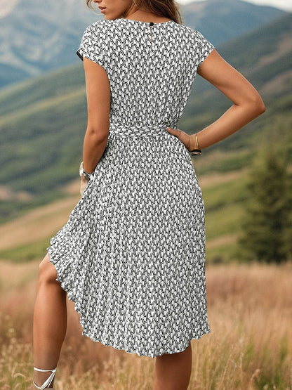 Printed Cap Sleeve Tie Waist Dress.