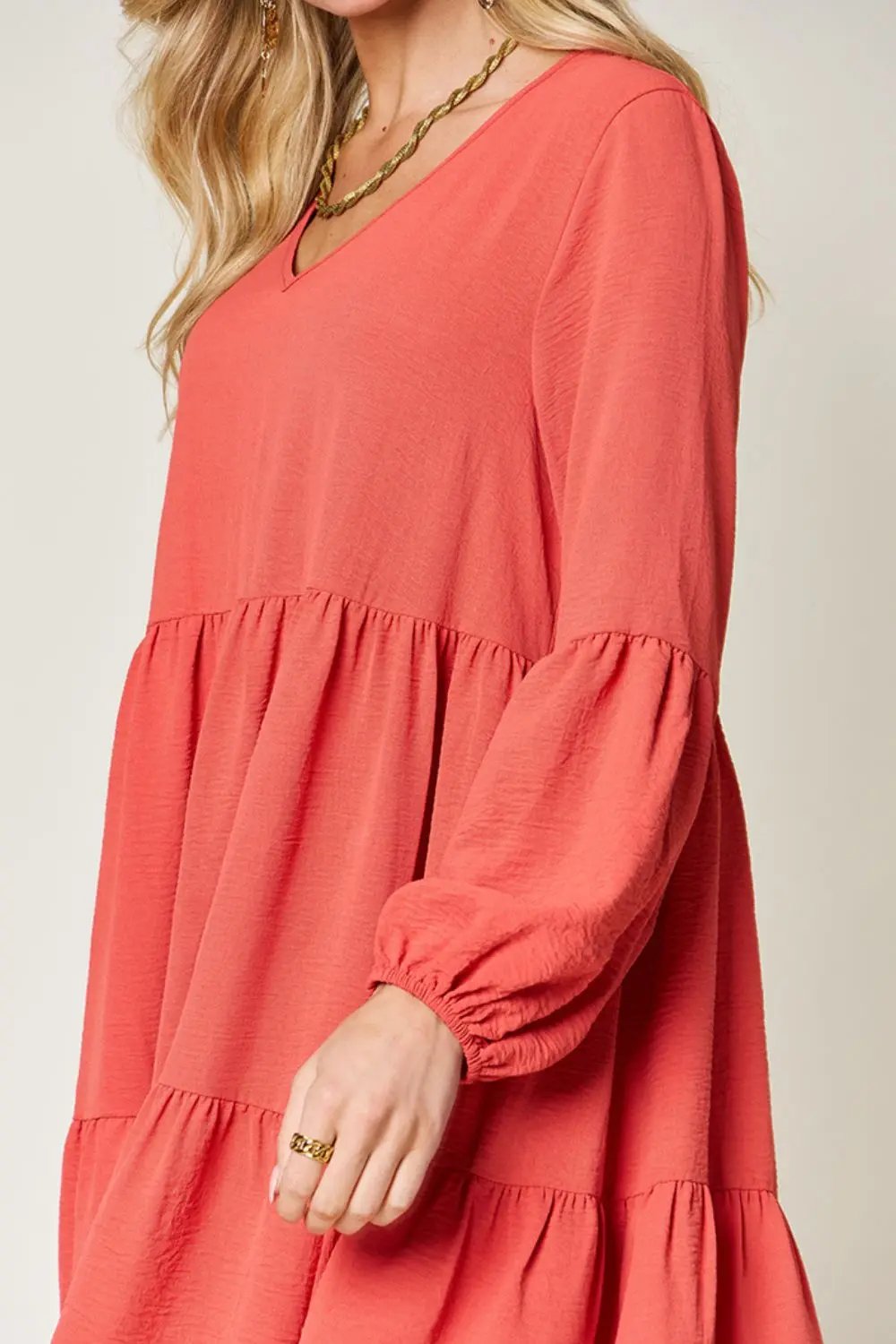 Double Take Full Size V-Neck Balloon Sleeve Tiered Dress - Love Salve