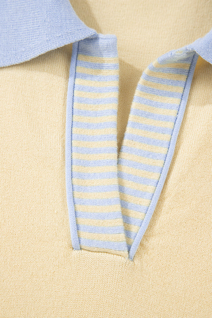 Sky Blue Stripe Color Block Knit Polo Collar Sweater