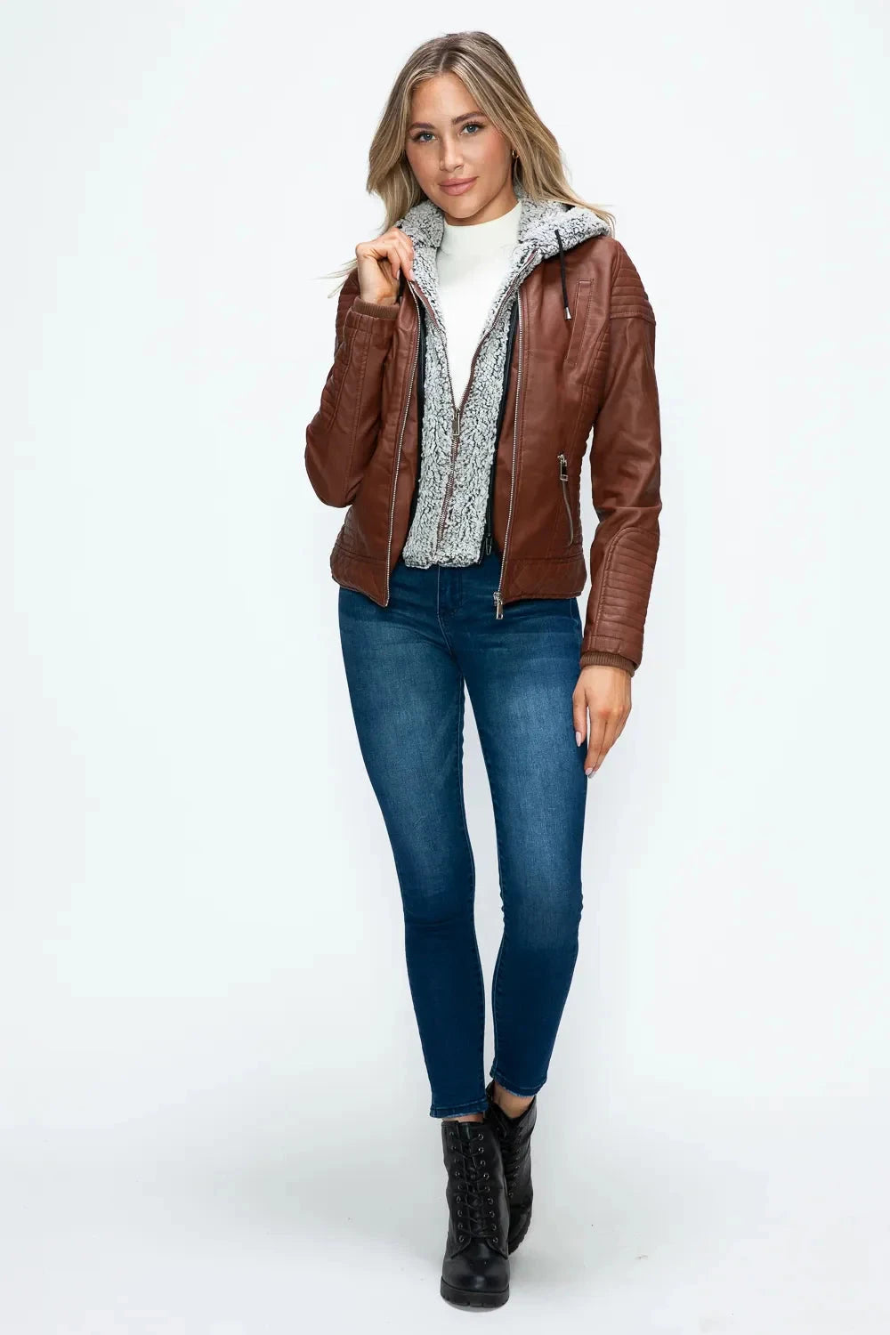 YMI Faux Layered Double-Zipper Jacket with Fuzzy Hood Coco’s Tee Boutique