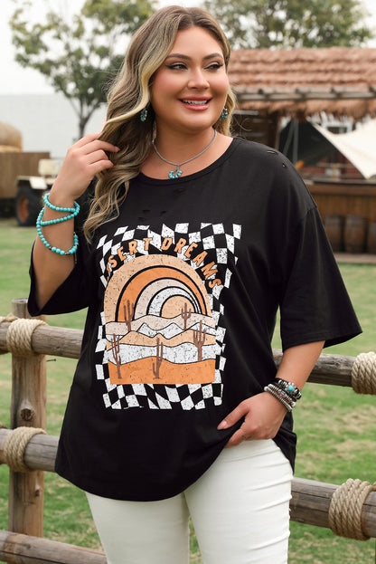 Black Checkered DESERT DREAMS Plus Size Ripped Tee