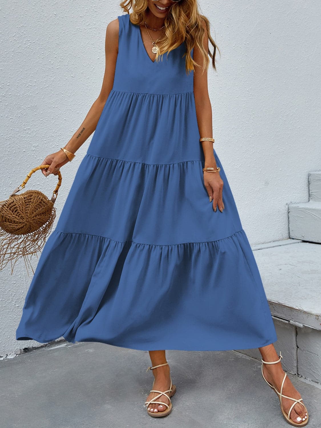 Tiered V-Neck Sleeve Dress.