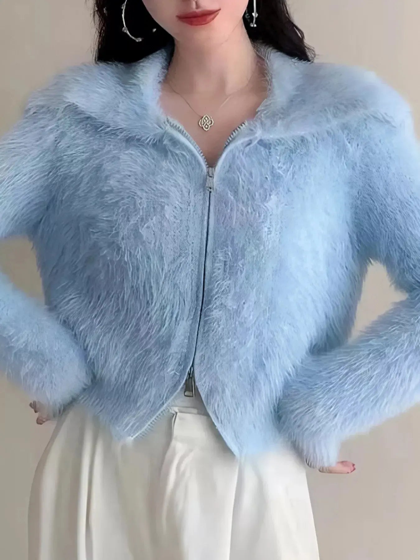 Fluffy Knit Zip-Up Outerwear Simply Love