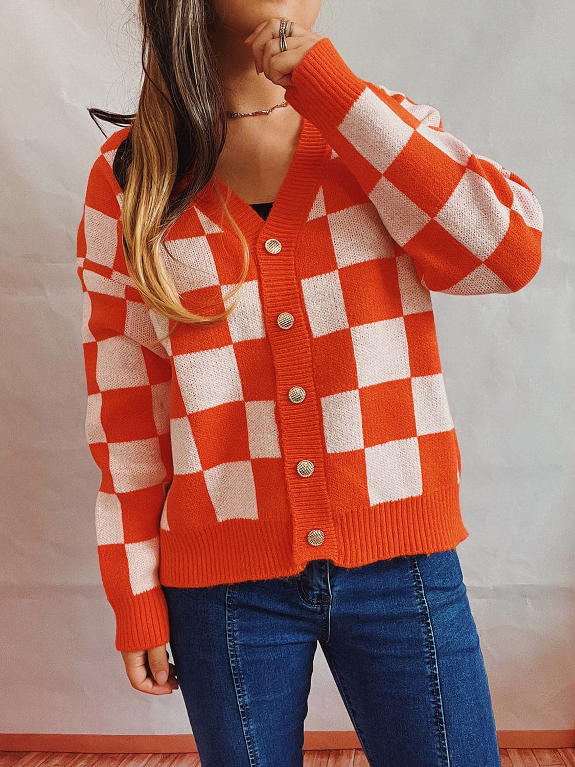 Checkered Open Front Button Up Cardigan.