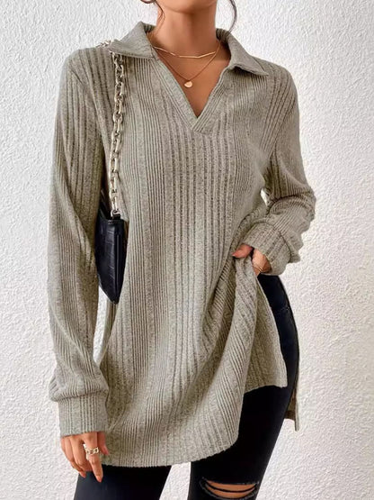 Chic Slit Collar Long Sleeve Blouse