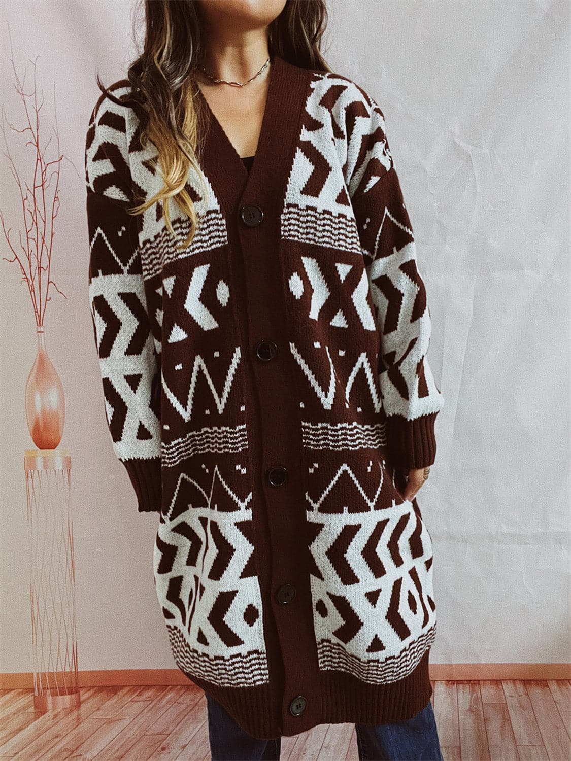 Geometric Button Front Longline Cardigan.