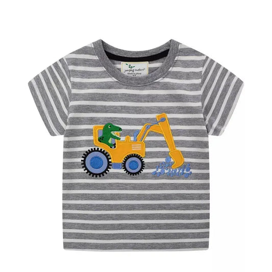 Children's Excavator Striped Round Neck T-Shirt Simply Love