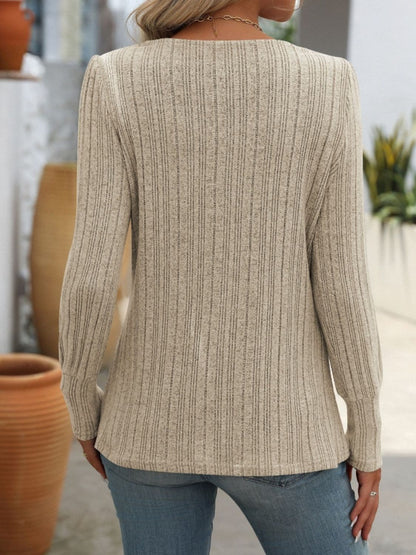 Decorative Button Striped Square Neck Long Sleeve T-Shirt.