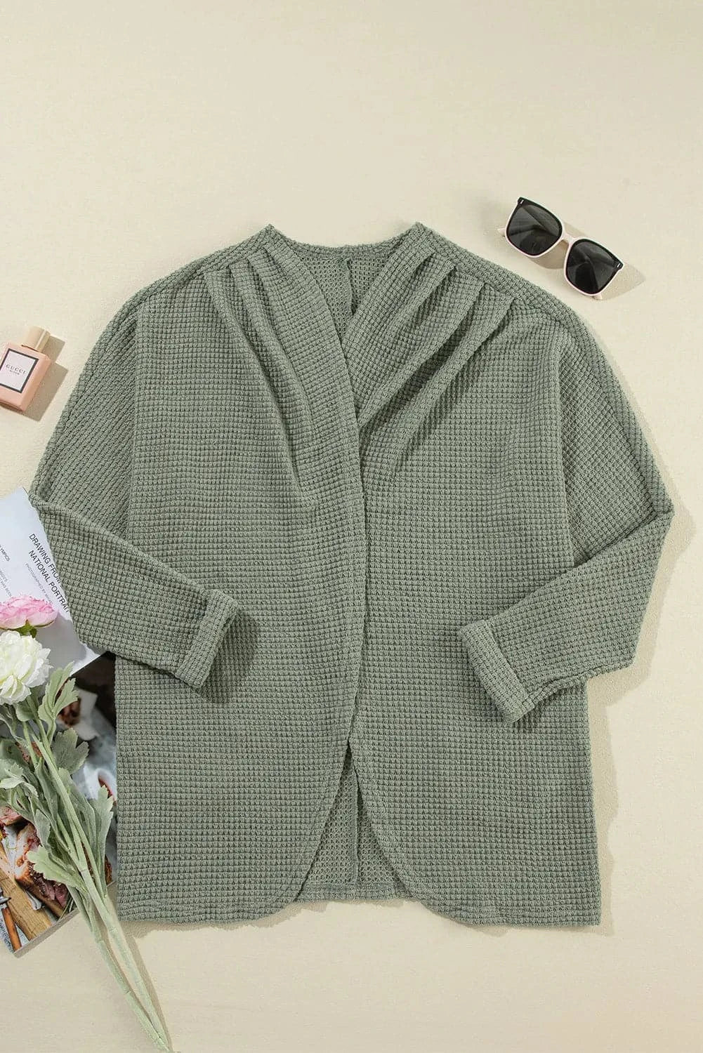 Waffle-Knit Open Front Long Sleeve Cover Up.