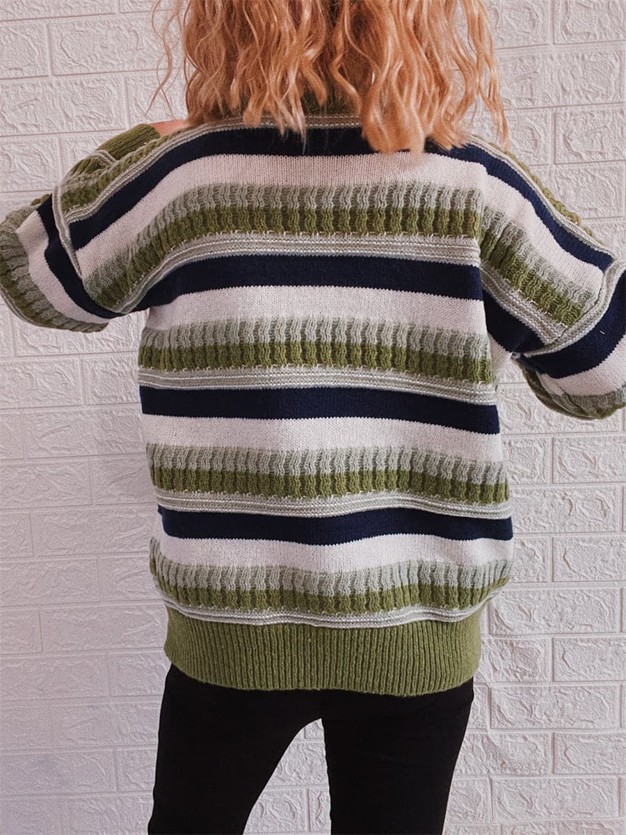 Striped Drop Shoulder Round Neck Sweater.