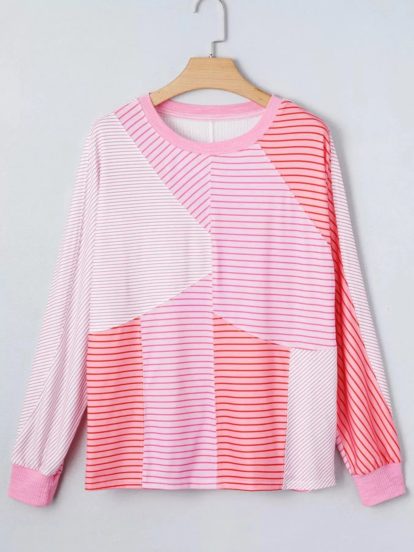 Striped Colorblock Exposed Seam Casual Long Sleeve Top Polyester Blend Simply Love