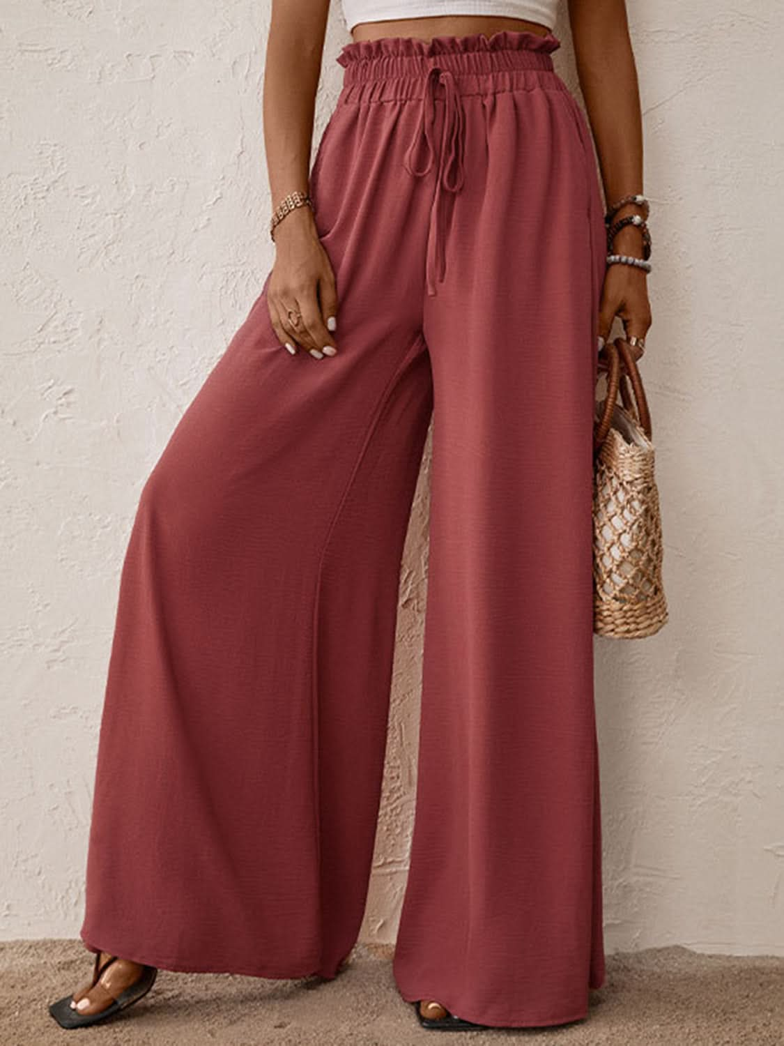 Frill-Detail Tie-Waist Wide Leg Trousers