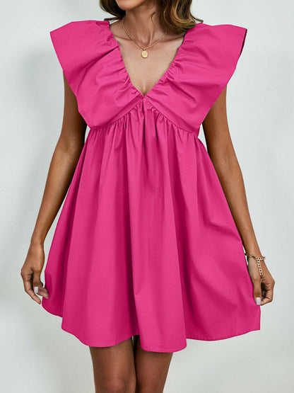 V-Neck Cap Sleeve Mini DressUpgrade Your Style with Our V-Neck Cap Sleeve Mini Dress
 Step out in confidence and elegance with our V-Neck Cap Sleeve Mini Dress, a versatile piece that effortlesLove Salve -Neck Cap Sleeve Mini Dress