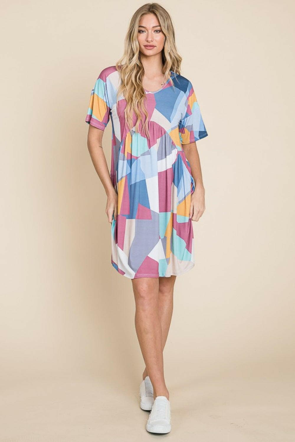 BOMBOM Ruched Color Block Short Sleeve Dress.