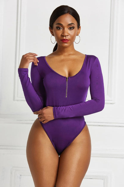 Half Zip Scoop Neck Long Sleeve Bodysuit.