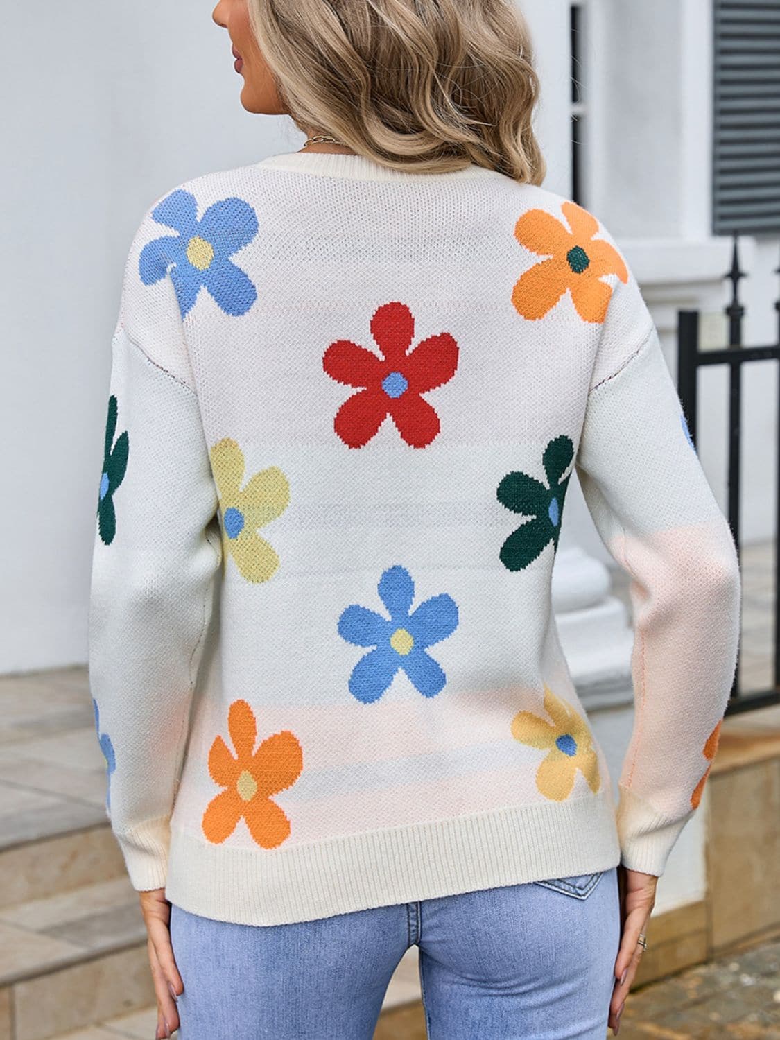 Floral print round neck long sleeve knit sweater