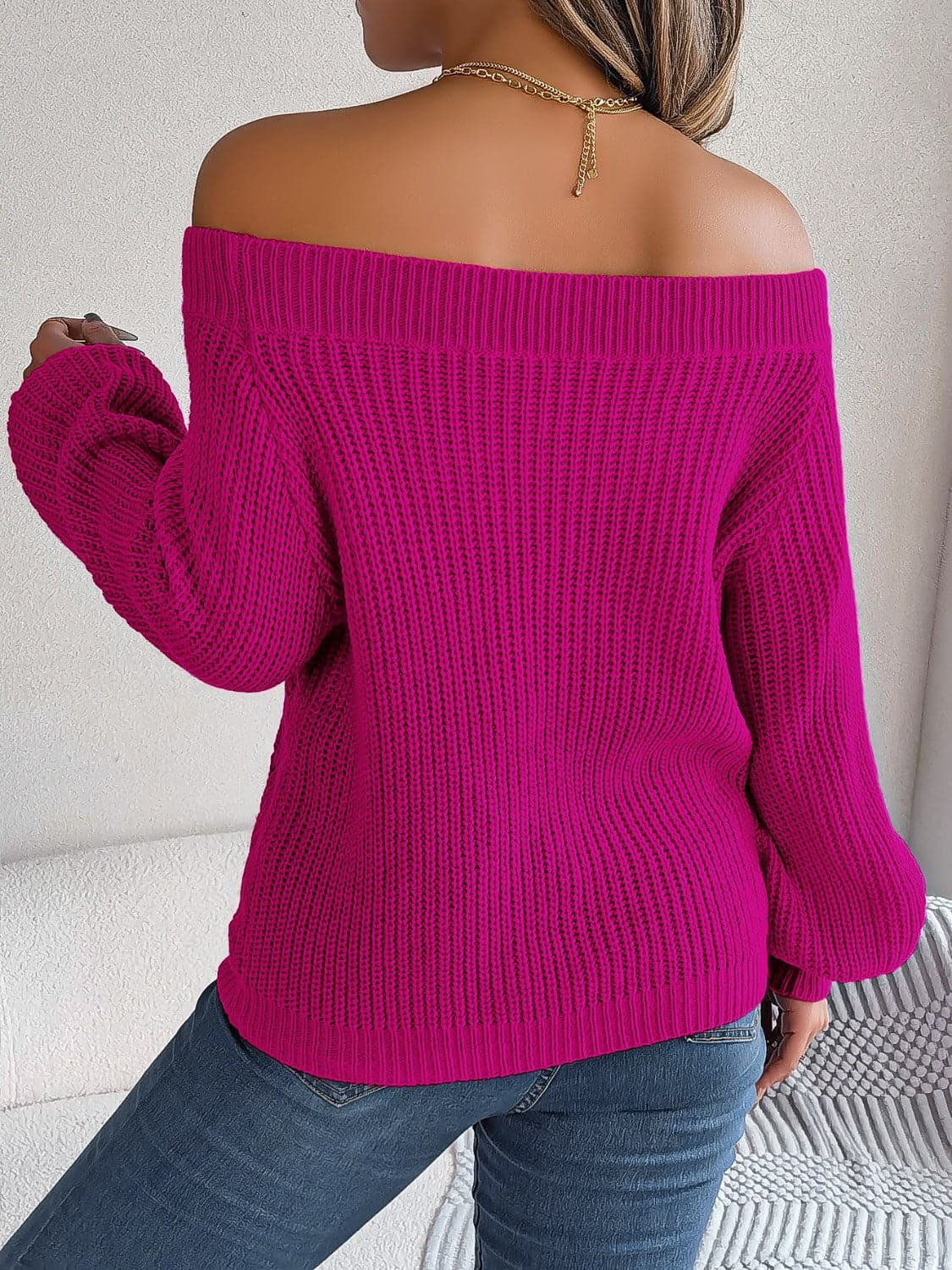 Openwork Off-Shoulder Long Sleeve Sweater.