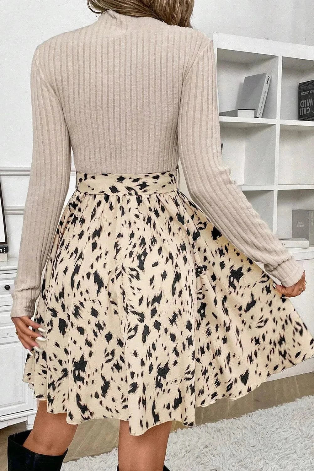 Tied Printed Mock Neck Long Sleeve Dress.