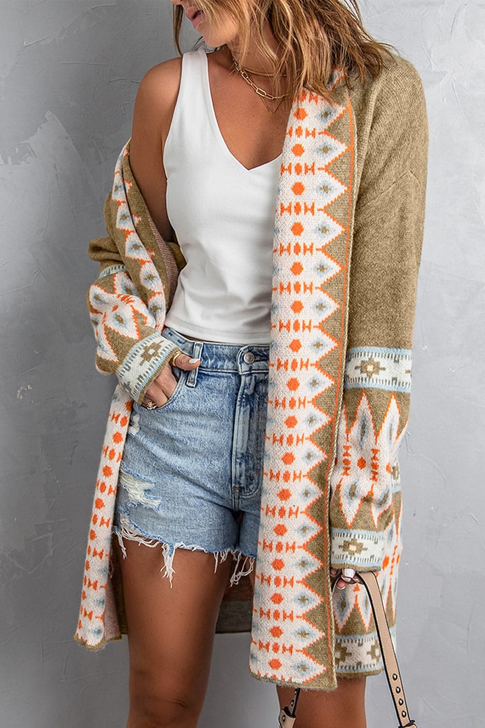 Geometric Open Front Long Sleeve Cardigan.