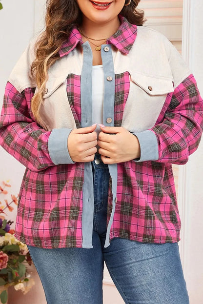 Curvy Chic Plaid Button-Up Long Sleeve Shirt with Collared Neck