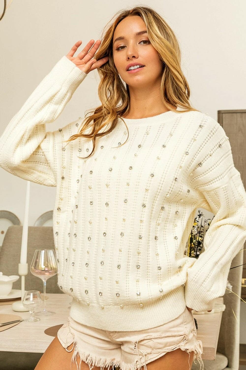 BiBi Pearl & Rhinestone Decor Long Sleeve Sweater.