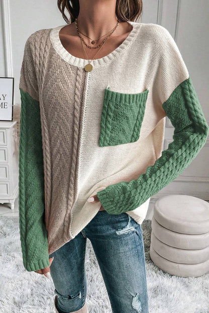 Color Block Round Neck Long Sleeve Sweater.