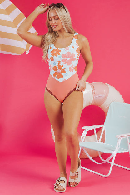 Backless Orange Floral Monokini with Patchwork Design