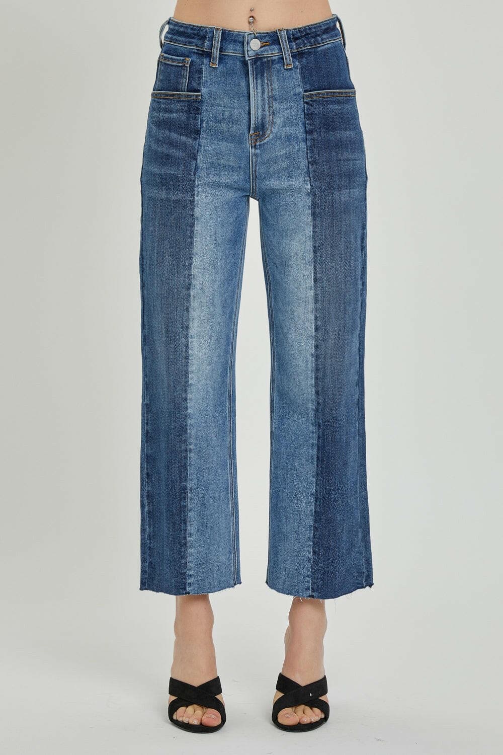 RISEN Full Size Mid-Rise Waist Two-Tones Jeans with Pockets.