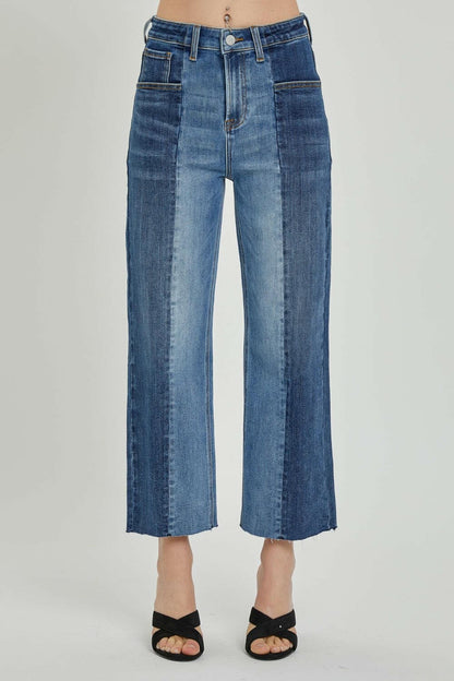 RISEN Full Size Mid-Rise Waist Two-Tones Jeans with Pockets.