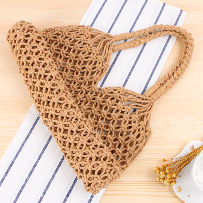 Solid Color One Shoulder Woven Bag Trendy Women Mori Straw Bag Degrees Handmade Cotton String Net Pocket Beach Bag Bella Mia