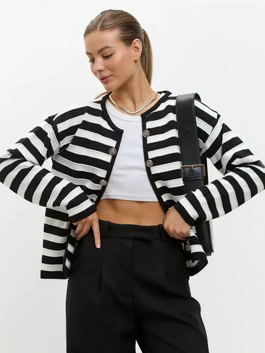 Striped Button-Down Knit Cardigan Simply Love